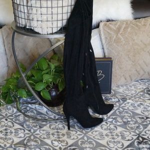 Anya Pointed Tie Thigh High Boot - Faux Suede